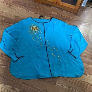 Bob Mackie Wearable Art 100% Silk Turquoise Button Down Blouse Size 3X